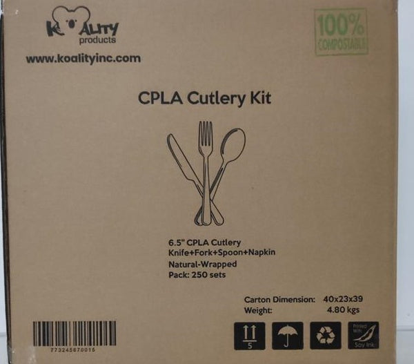 Compostable 100% Organic Cutlery Kit, CPLA, (Forks+Knives+Spoon+Napkins), 250 Sets